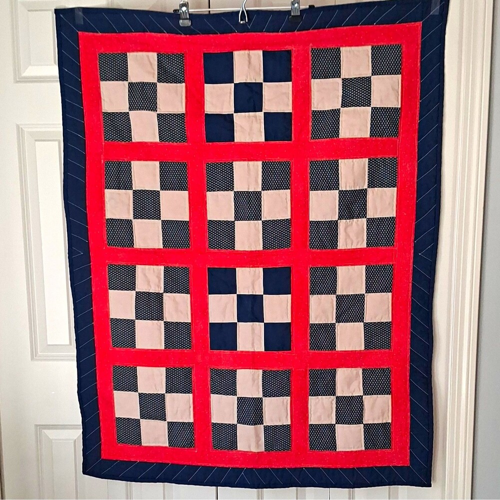 Handmade Throw Quilt Cotton Patchwork Check Pattern Red White Blue 38x46